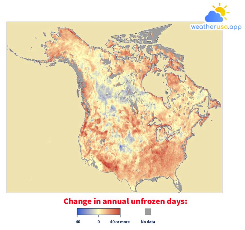 Change in Unfrozen Days in North America, 1979–2019