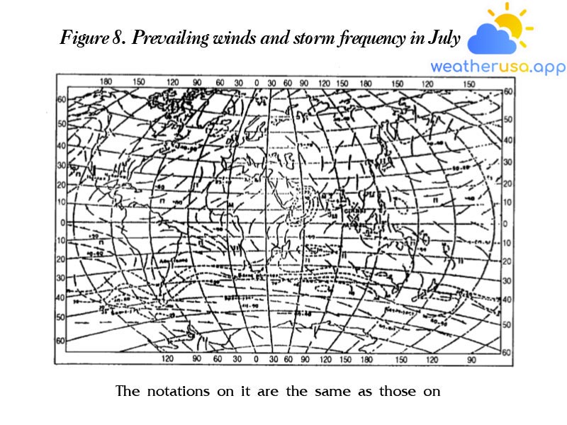 Figure 8. Prevailing winds and storm frequency in July