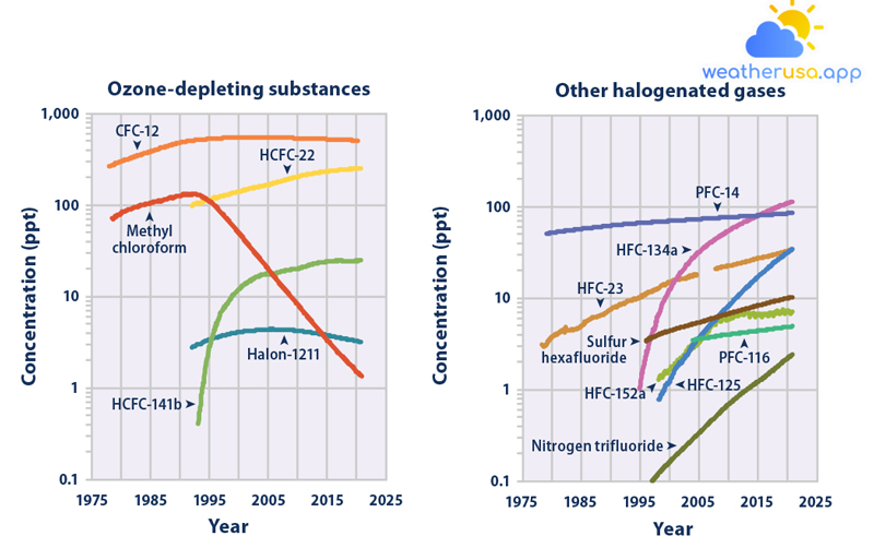Nồng độ khí quyển toàn cầu của các khí halogen được chọn lọc, 1978–2021